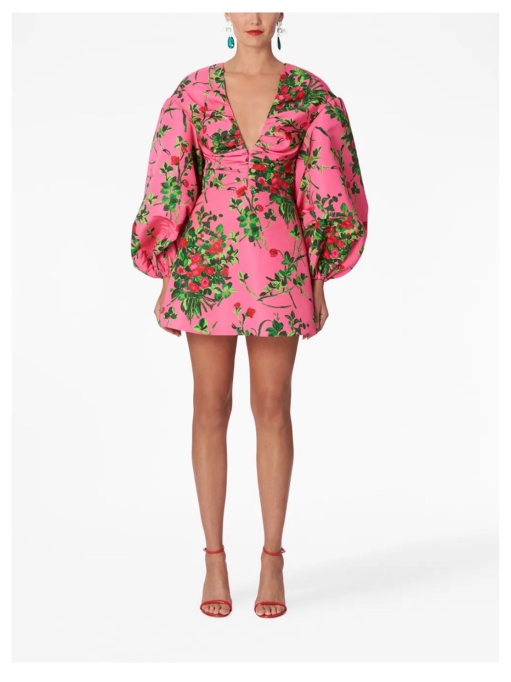 Carolina Herrera Pink Floral Deep V Puff-Sleeve Mini Dress